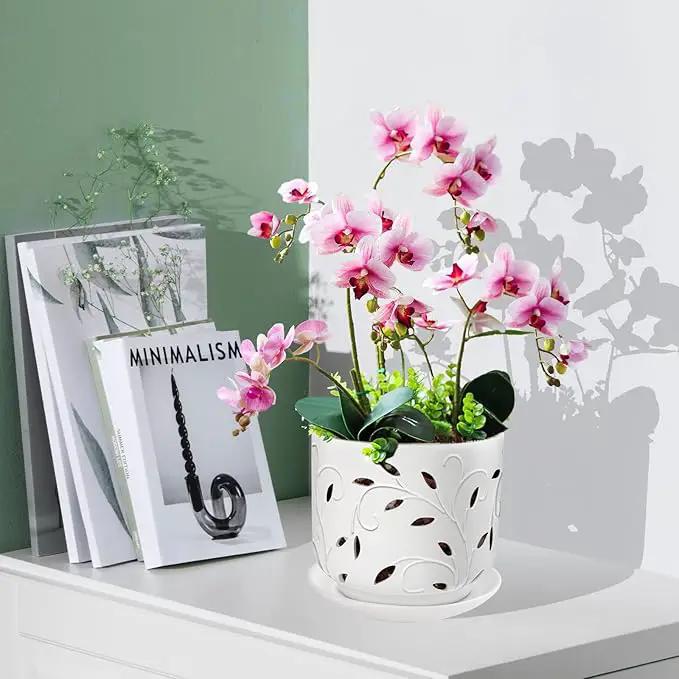 EFISPSS Orchid Pots with Holes, 7 Inch Orchid Pots with Drainage Holes and Tray, Indoor or Outdoor Ceramic Flower Pot for Orchid Care, Promoting Air Circulation and Drainage Plant Pot - White by GreenHaven Gardens