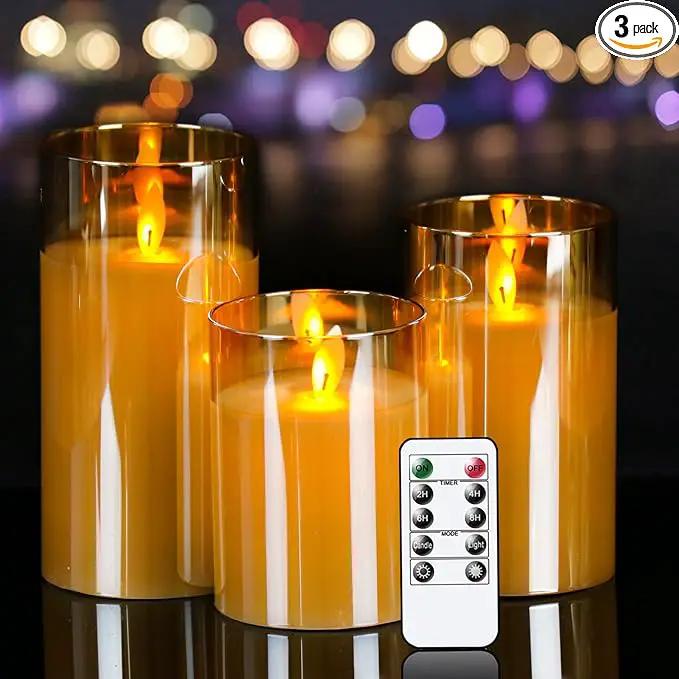 Glass Flickering Flameless Candles with Remote Timer, LED Pillar Candles Battery Operated with 3D Realistic Wick, Real Wax Fake Candles Home Decor for Wedding Festival Party(Gold) by GreenHaven Gardens