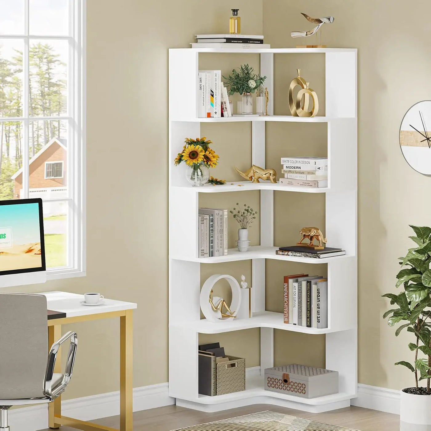 6 Tier Corner Bookshelf, L-Shaped Freestanding Shelf With Anti Drop Panels by HouseOfZazla