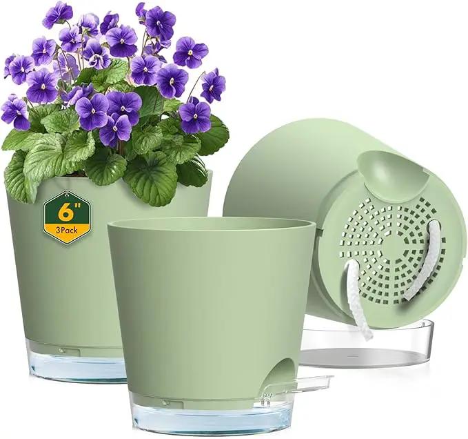 6 inch Self Watering Pots for Indoor Outdoor Plants, 3 Pack Flower Plant Pots with Drainage Holes and Clear Reservoirs, Visible Water Level, Plastic Planters with Wicking Rope, Green by GreenHaven Gardens