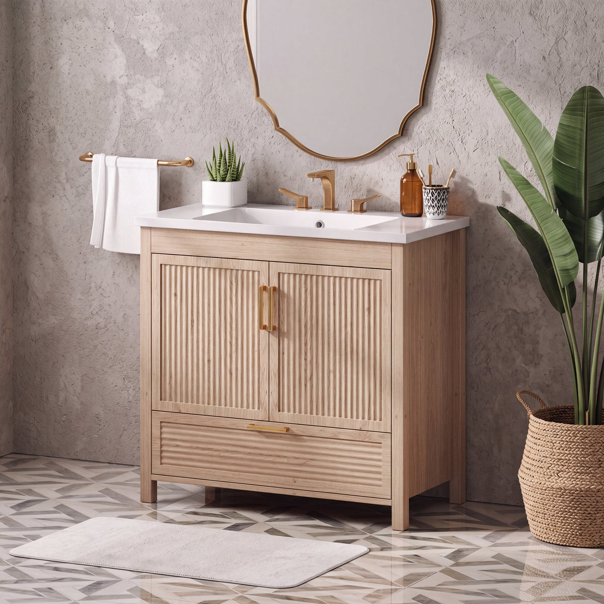 36 Inch Bathroom Vanity with Wave Fluted Panels and Resin Sink - Light Oak, photo 2 of 6