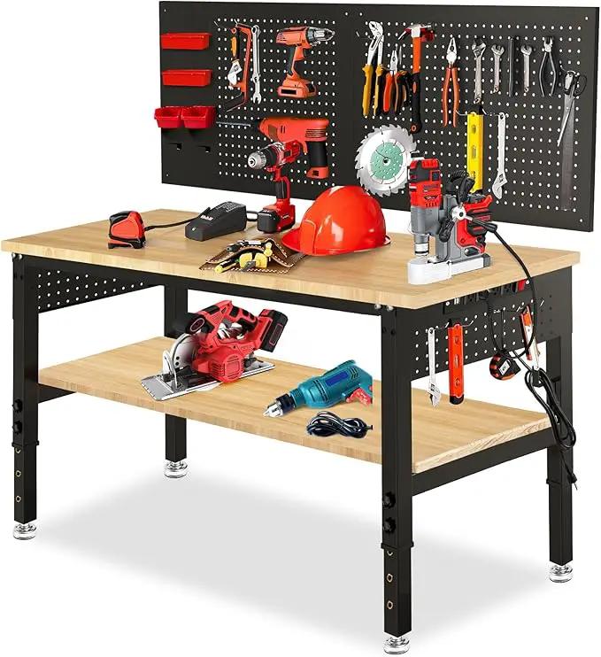 48“ Adjustable Height Workbench Work Bench for Garage Work Table with Under Table Shelf Heavy Duty Rubber Wood Top for Shop Woodworking, Office, Home, Commercial by GreenHaven Gardens