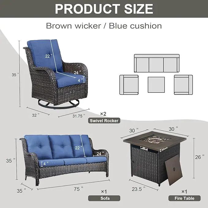 Outdoor Patio Furniture Set with 50000BTU Propane Fire Pit Table, 4 Pieces Wicker Patio Conversation Set with 2 Swivel Rocker Glider Chairs Rattan Sofa Blue Cushion Perfect for Gathering by GreenHaven Gardens