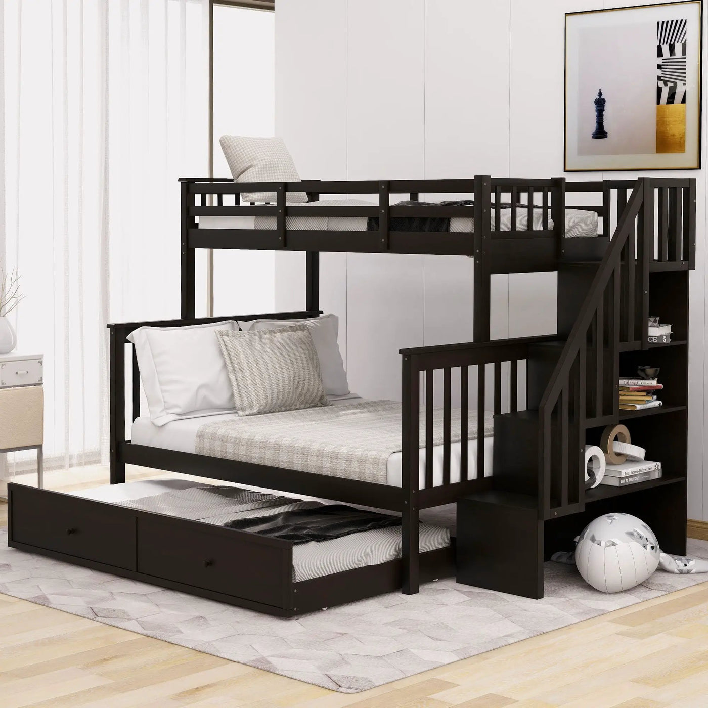 Bunk Bed With Twin Size Trundle, Storage And Guard Rail For Bedroom by Unique Piece Furniture
