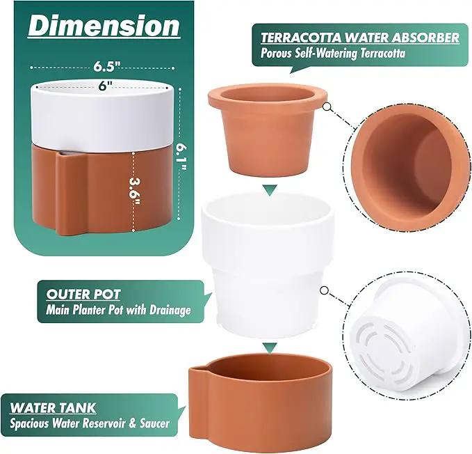6.5 Inch Self-Watering Planter Pot with Terracotta Insert, Deep Water Reservoir, and Ceramic-Alike BPA-Free Plastic Pot for Plant, Modern Planter for Houseplants, Terracotta/White, 53-B-S-6 by GreenHaven Gardens