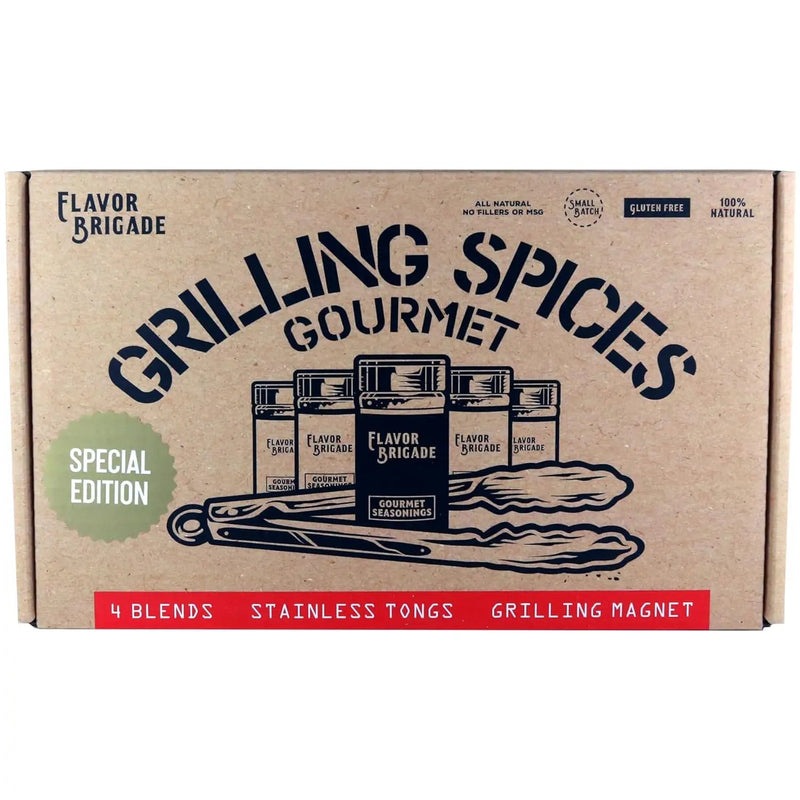 Flavor Brigade Gourmet Grilling Spices Gift Set for Guys, Dad, Men, BBQ Grill Accesories, Smoker, Seasonings, Rub, Steak, Burgers, Chicken, Fish & Stainless Tongs (4 Bags, 7 Piece Set) by GreenHaven Gardens