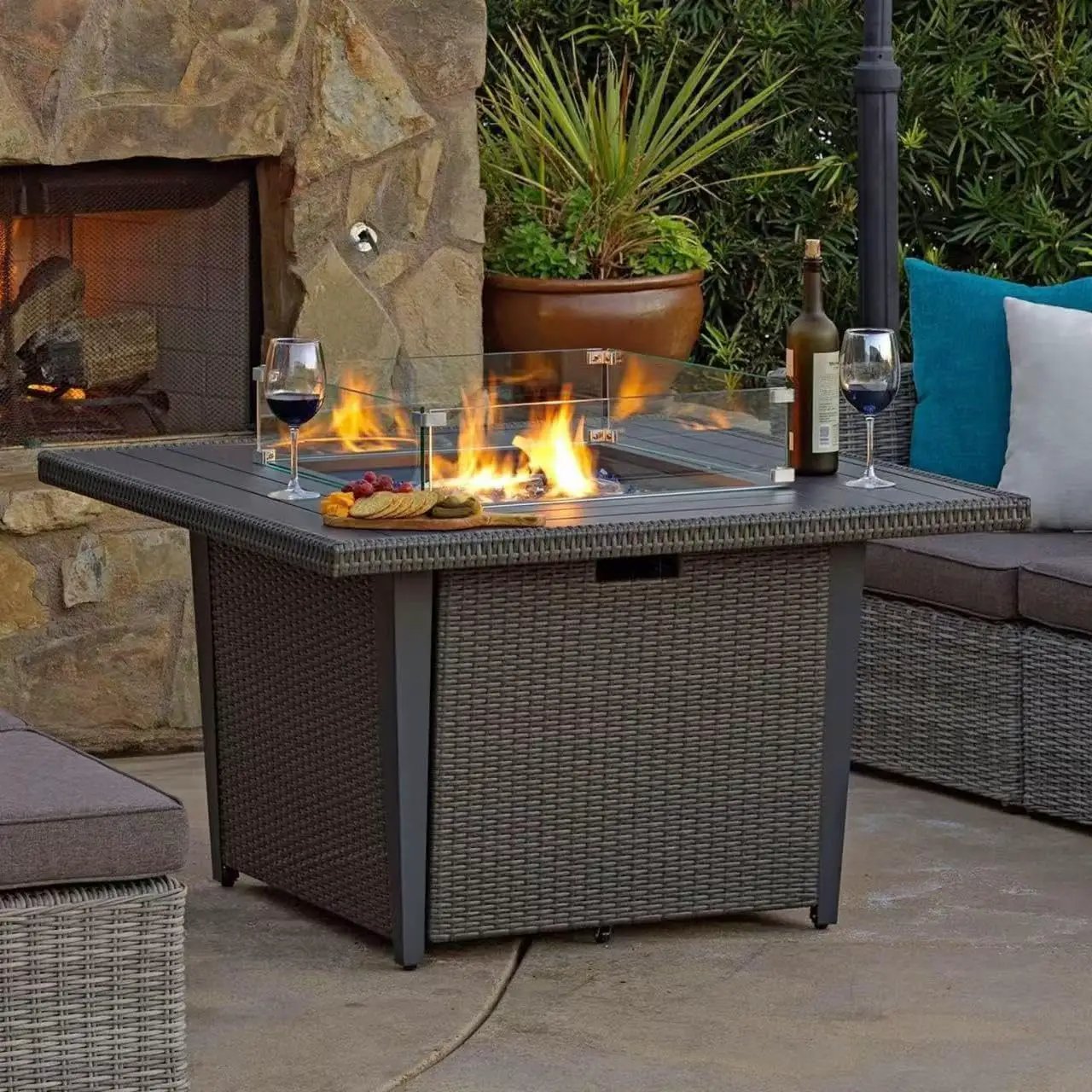 42'' Propane Fire Pit Table, 50,000 BTU Outdoor Gas Fire Table with Lid, Square Aluminum Fire Table with Wind Guard and Weather Cover, 2 in 1 Rattan Firepit Table for Outside Patio, Backyard, Gray by GreenHaven Gardens