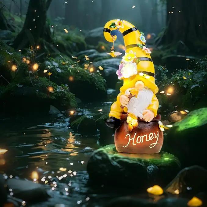 13" Garden Solar Spring Gnomes Statues Outdoor Spring Decor with LED Lighted Bee and Flowers Funny Garden Sculpture for Patio Yard Lawn Decorations Gifts by GreenHaven Gardens