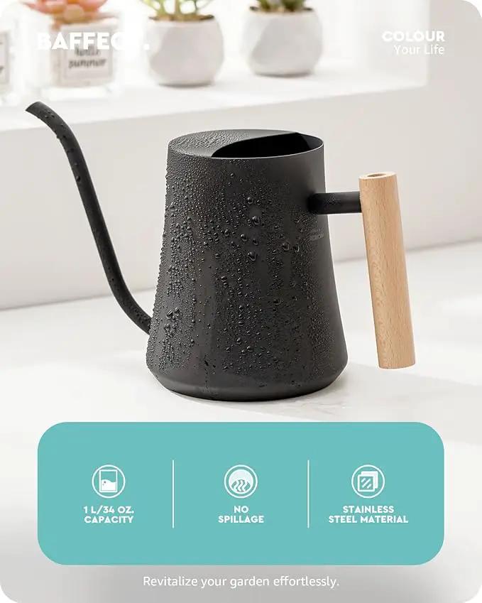 Baffect Indoor Watering Can, 1L/34OZ Metal Houseplant Watering Can with Wooden Handle, Curved Design Watering Can with Long Spout for Small Potted Plants (Black) by GreenHaven Gardens