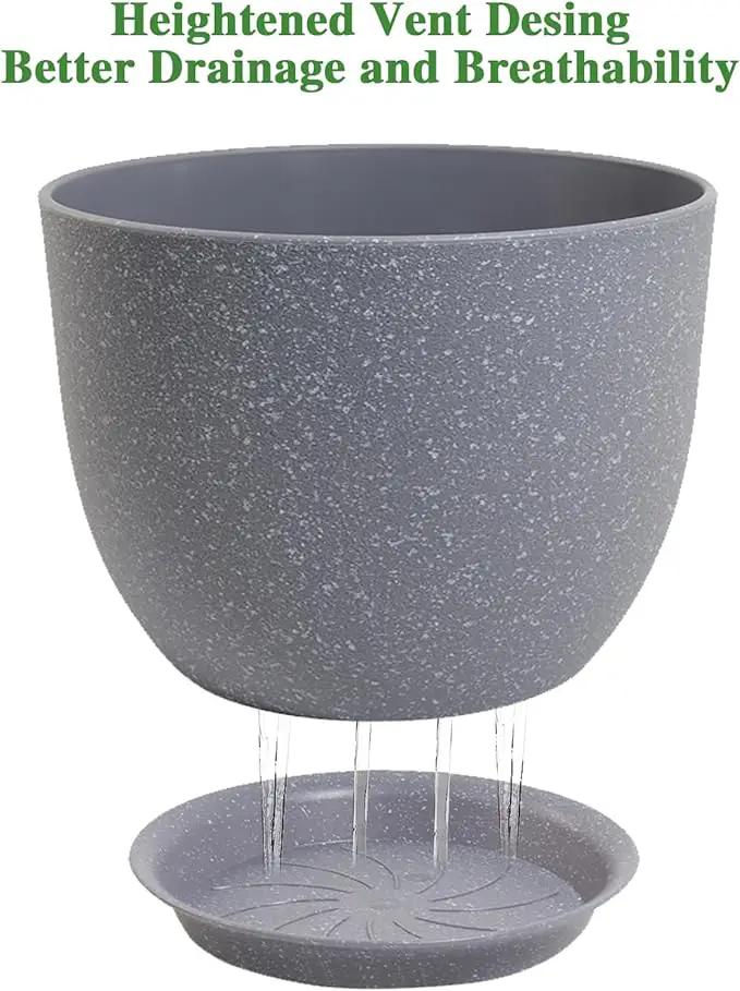 12/10/9 Large Modern Plant Pots, Plastic Planters with Drainage Holes and Saucers for Indoor Outdoor Plants Flowers, Grey Speckles by GreenHaven Gardens