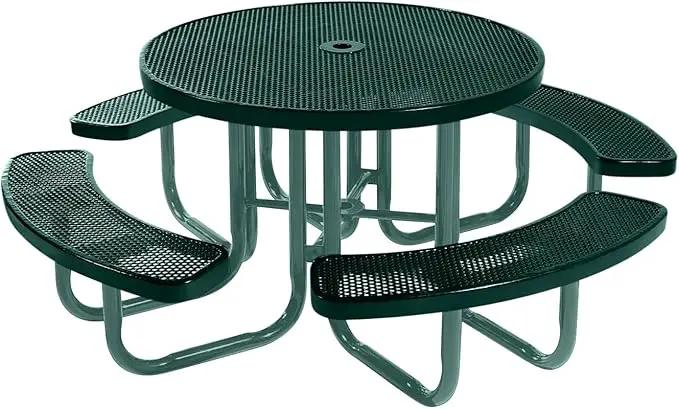 Heavy-Duty Portable Outdoor Picnic Table with Umbrella Hole, Punched Steel Commercial-Grade Patio Furniture Made in America (46" Round Top, Dark Green with Dark Green Frames) by GreenHaven Gardens