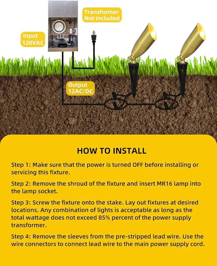 COLOER Die-cast Brass Landscape Spotlight 12-Pack Without Bulb,12V AC/DC Low Voltage Copper Outdoor Lighting with Ground Stake, Directional Garden Patio Spot Up Light (102B Brass Finish) by GreenHaven Gardens