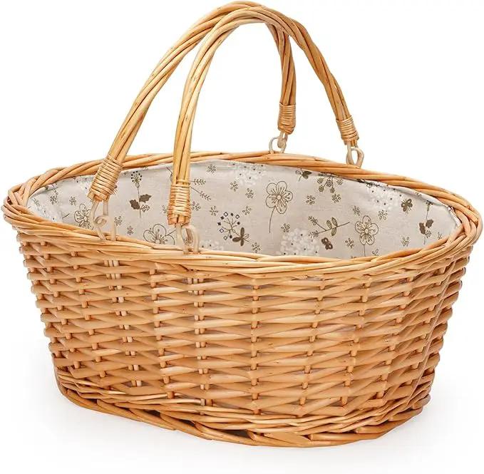 Wicker Picnic Basket with Double Folding Handles, Natural Large Willow Hamper Empty Basket Cheap Easter Eggs Candy Storage Wine Basket for Toy, Flower, Wedding（White 16inch） by GreenHaven Gardens