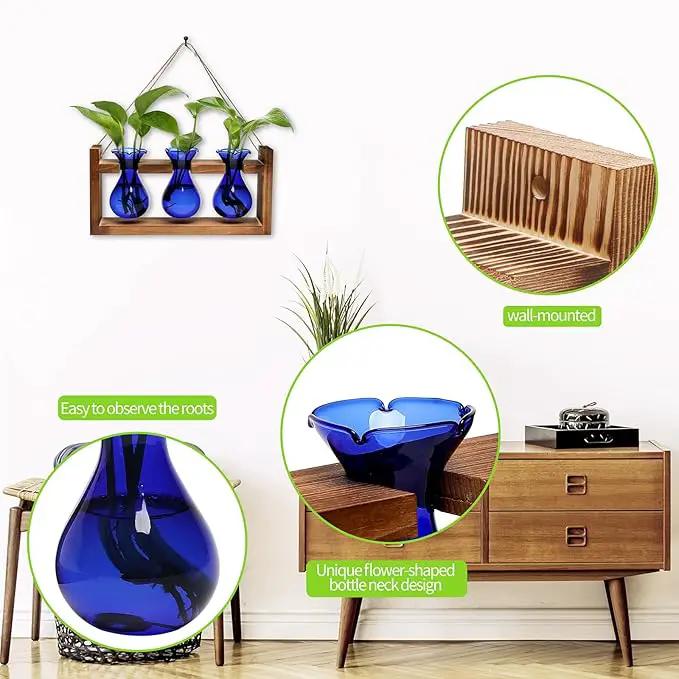 Plant Propagation Station Plant Terrarium Unique Birthday Gifts for Women Plant Lovers Home Office Decor Planter with Wooden Stand - 3 Bulb Glass Vase by GreenHaven Gardens