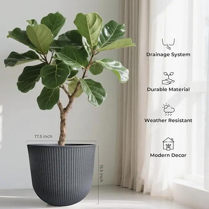 WORTH Garden Round Large Planter Pot Set of 2-17.5" Dia x 15.5" H - Durable Plastic Grey Plant Tree Pots with Vertical Stripe Textured Finish, Drainage Hole for Indoor, Outdoor, Front Porch, Patio by GreenHaven Gardens