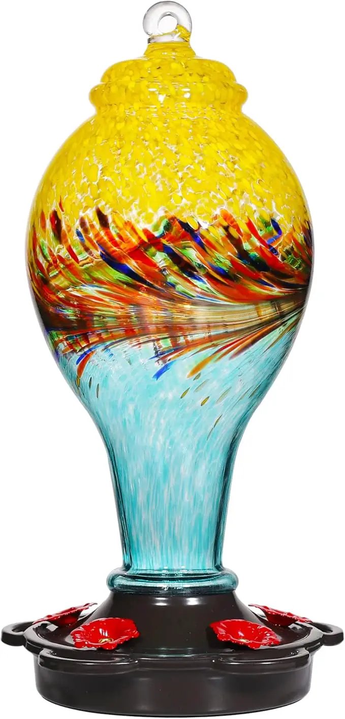 LUJII Hand Blown Glass Hummingbird Feeder for Outdoors with Ant Moat, Leak Proof & Rustproof, 25 fl.oz, Metal Base Cover with 5 Feeding Ports & Perches, Glass Art for Garden Decor (Blue Mixed Yellow) by GreenHaven Gardens