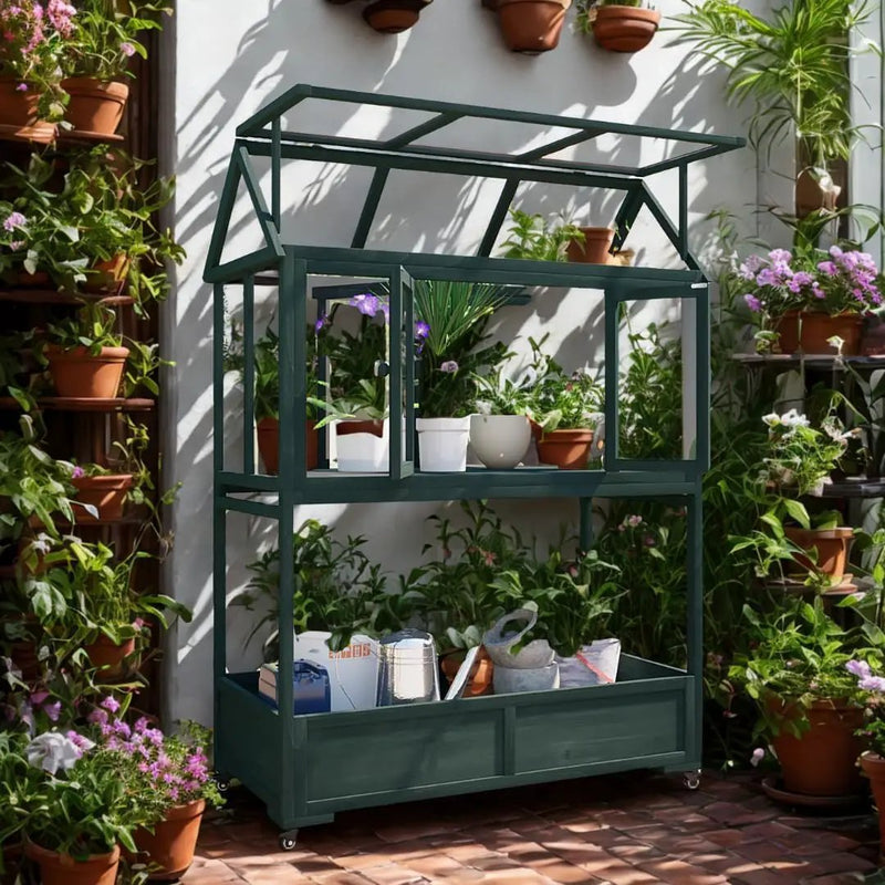 Portable Wooden Cold Frame Greenhouse with Wheels - 47" Mini Greenhouse with Adjustable Roof, Storage Box & Polycarbonate Panels - Plant Protector for Seedlings, Herbs & Winter Gardening (Green) by GreenHaven Gardens