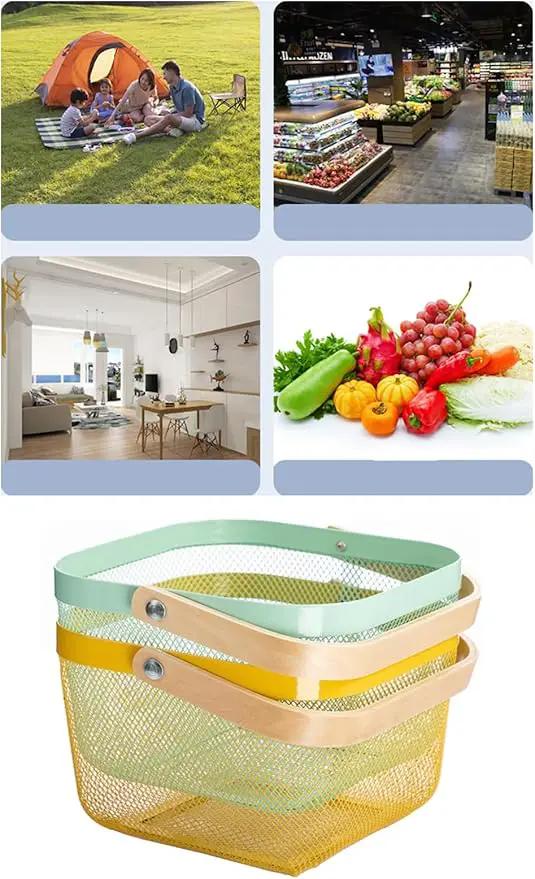 Metal Mesh Steel Basket, Storage Organizer Basket Multi-functional Hanging Kitchen Baskets Fruit Basket with Wooden Handle for Kitchen Bathroom Picnic Shopping Decor Cabinet Home, Macaron Blue by GreenHaven Gardens