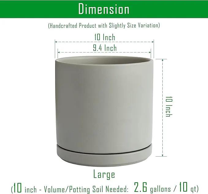 D'vine Dev 10 Inch Ceramic Planter Pot with Drainage Hole and Saucer, Indoor Cylinder Round Planter Pot, Grey, 94-O-E-3 by GreenHaven Gardens