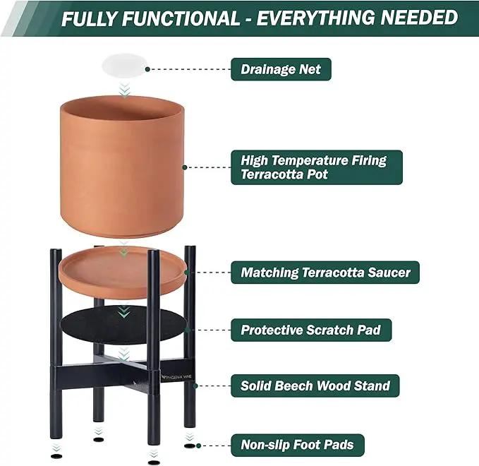 D'vine Dev Terracotta Planter with Ebony Stand - 12 Inch Modern Round Flower Pot with Wood Planter Holder, Terracotta, 55-B-H-5 by GreenHaven Gardens