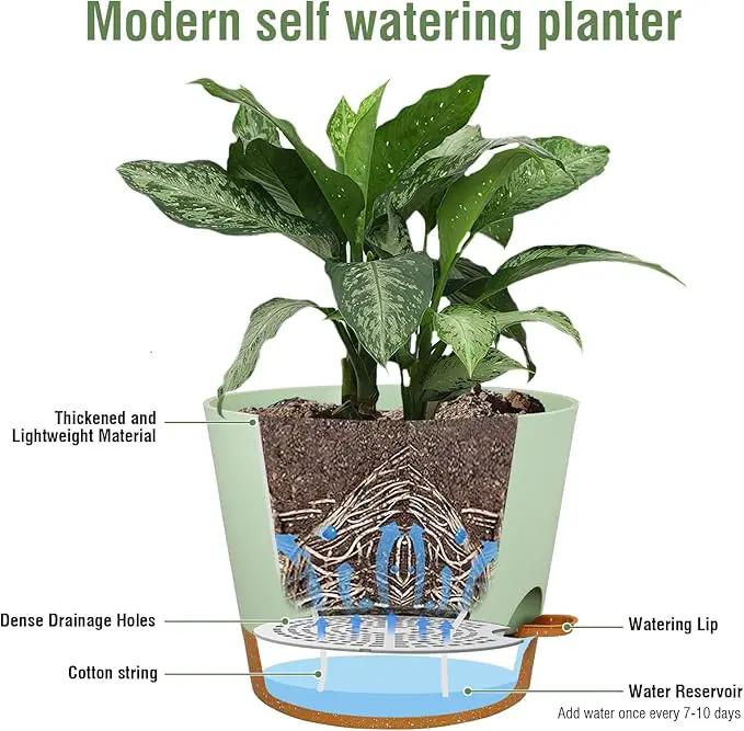 12 inch Large Self Watering Pots for Indoor Outdoor Plants, Flower Plant Pots with Drainage Holes for Garden House Plants, Plastic Planters with Reservoir for Home Plants, Green with Brown by GreenHaven Gardens