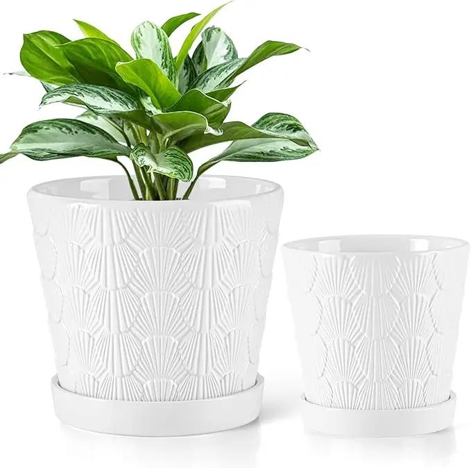 EFISPSS Ceramic Plant Pots, 5+6 Inch Pots for Indoor Plants, Planters with Drainage Holes and Tray, Modern Flower Pots Gardening Home Desktop Office Windowsill Decoration Gift Set of 2 - White by GreenHaven Gardens