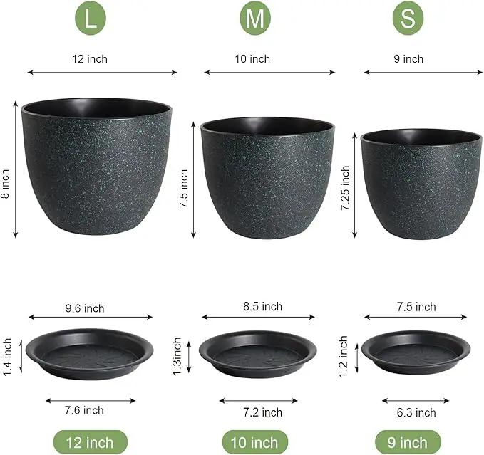 12/10/9 Large Modern Plant Pots, Plastic Planters with Drainage Holes and Saucers for Indoor Outdoor Plants Flowers, Black with Green Speckles by GreenHaven Gardens