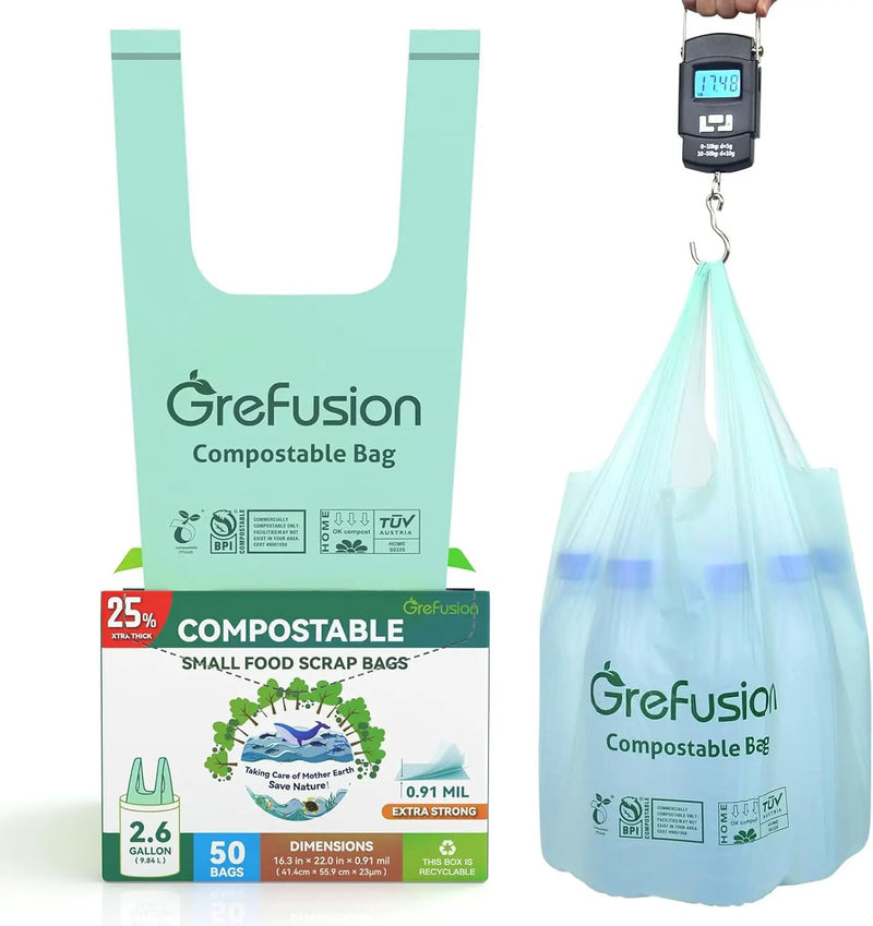 Compostable Trash Bags with handle-tie,Garbage Bags, 2.6 Gallon,Food Waste Bags,Small trash bags for compost bin kitchen,Certified by BPI and OK Compost (2.6G-50count) by GreenHaven Gardens