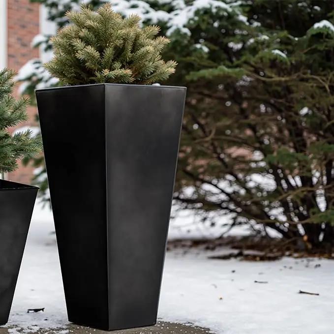 WORTH Garden 25" Large Metal Glazed Planter Set of 2, Luxurious Glossy Finish Black Tall Square Tapered Steel Plant Pots, Decor Flower Pot Indoor & Outdoor, Drainage Hole & Dual-Purpose Plant Saucer by GreenHaven Gardens