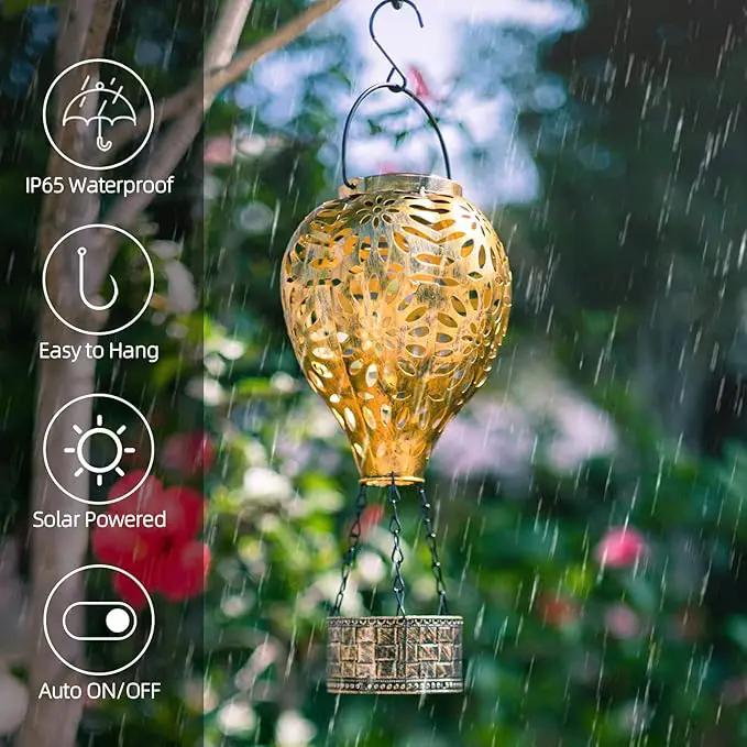 Hot Air Balloon Solar Lantern,Hanging Lantern Outdoor Waterproof Decorative Metal LED Solar Lights for Trees Patio Garden Yard Porch Decor, Gold by GreenHaven Gardens