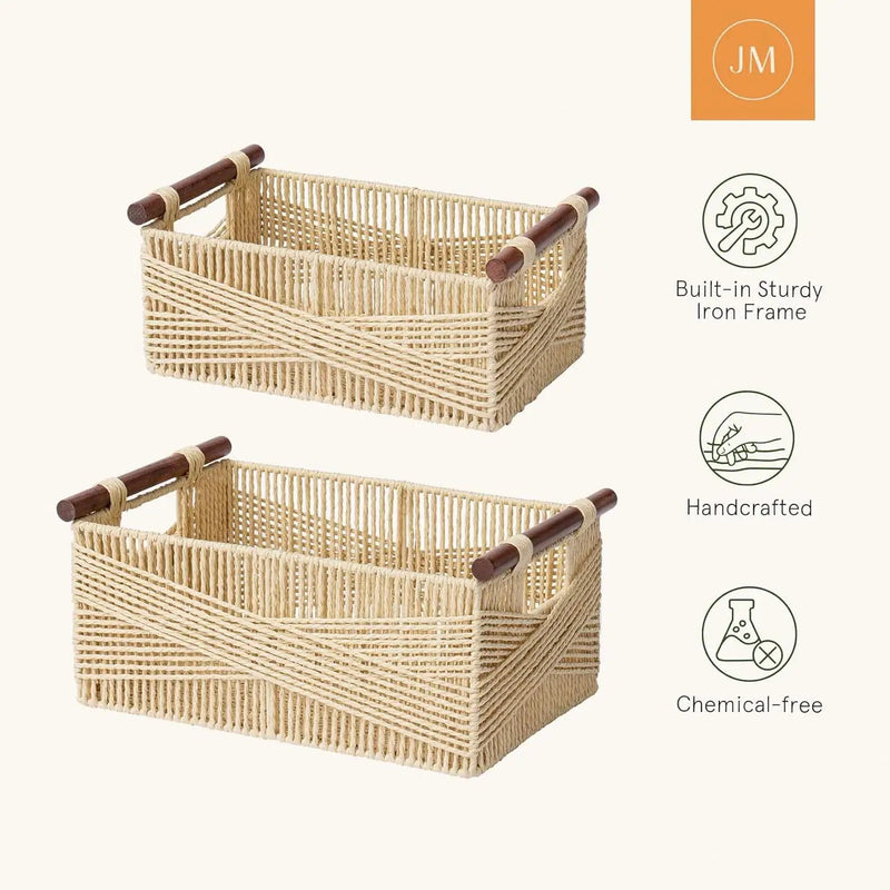 LA JOLIE MUSE Wicker Storage Baskets for Organizing, Recyclable Paper Rope Basket with Wood Handles, Decorative Hand Woven Basket Organizers for Makeup Books Shelves Living Room, Beige, Set of 2 by GreenHaven Gardens