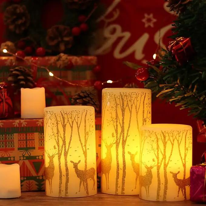 Gold Deer Flameless Candles with 6H Timer, Set of 3 Real Wax LED Flickering Candles, Christmas Pillar Candles with Gold Elk Decor for Home Party Decorations(H6 x D3) by GreenHaven Gardens
