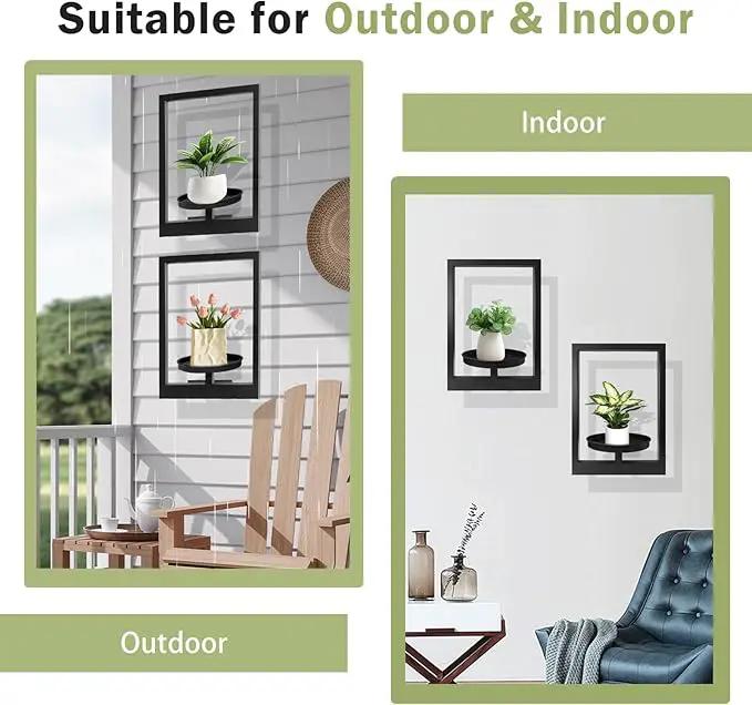 Picture Frame Plant Holder, Wall Mount Plants shelf Indoor Outdoor, Metal Hanging Planters Stand Decor, Window Planter Hanger Shelves, Modern Floating Ornament Rack Art for Home & Garden((Black 2pc)) by GreenHaven Gardens