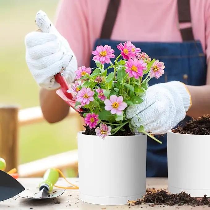 12/10/8 inch Large Plant Pots, 3 Pack Deep Cylinder Flower Pots for Outdoor Indoor Plants, Tall Plastic Planters with Drainage Holes and Saucers for Garden House Plants, White by GreenHaven Gardens