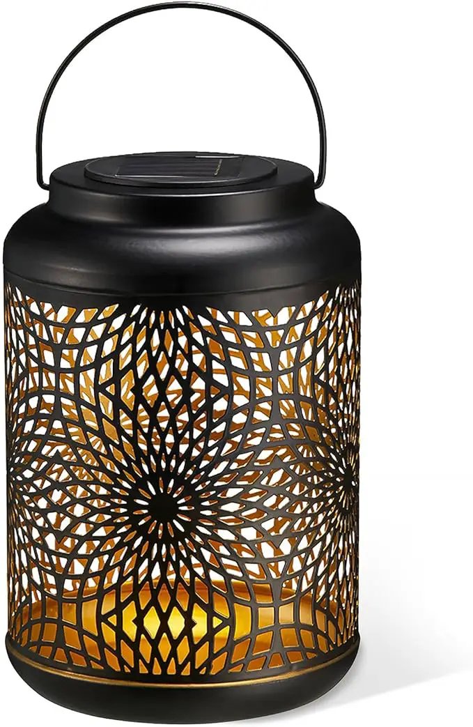 Glitzhome Solar Lantern Black Metal Cutout Scrollwork Outdoor Hanging Solar Light with Handle for Garden Patio Yard Outdoor Decor by GreenHaven Gardens