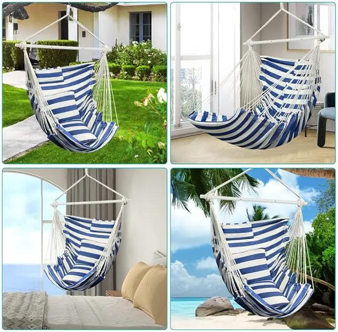 Hammock Chair, Hanging Chair with 3 Cushions and Foot Rest Support, Sturdy Metal Spreader Bar Max 440 Lbs, Swing Chair for Bedroom, Indoor & Outdoor, Patio, Porch or Tree（Blue and White） by GreenHaven Gardens
