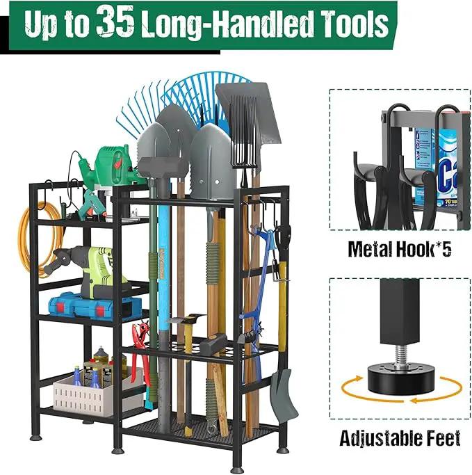 keomaisyto Garden Tool Organizer for Garage Organization, 3 Tier Yard Tool Storage Rack with 35 Long-Handled Tool Slots, Heavy Duty Garden Tool Holder with Large Hooks for Shed, Yard, Garage by GreenHaven Gardens
