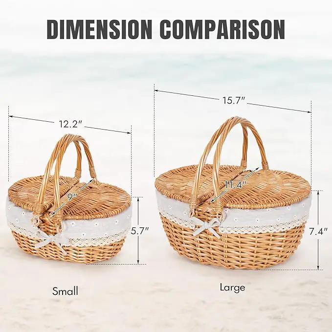 Happypicnic Wicker Picnic Basket with Handle, 15" Large Empty Picnic Basket with Lid & Removable Liner, Vintage Hand Woven Basket for Picnics, Camping, Veg Picking, Mother'S Day, Thanksgiving (Flower) by GreenHaven Gardens