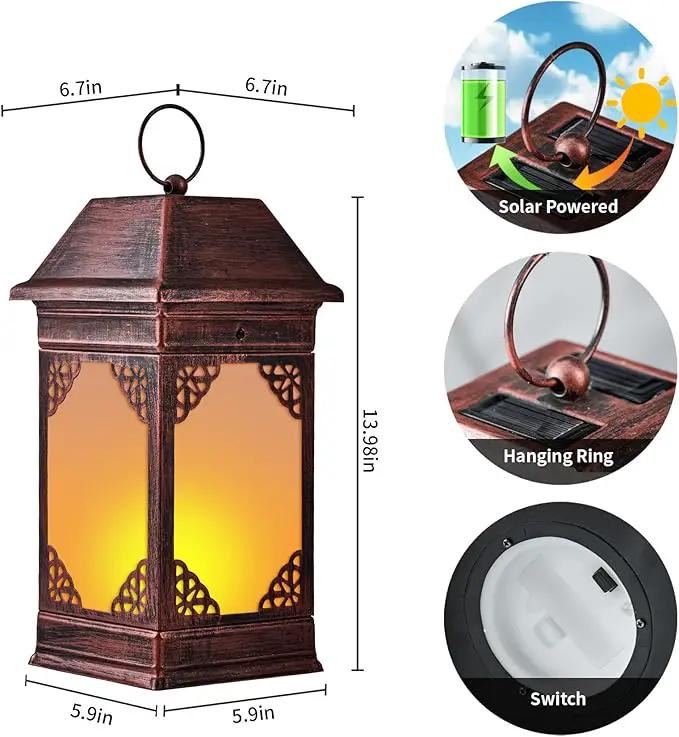 14" Solar Lanterns Outdoor Waterproof, Glass Flickering Flame Solar Lantern, Hanging Metal Lantern Decorative for Patio Front Porch Garden Backyard Tabletop Party Decoration by GreenHaven Gardens