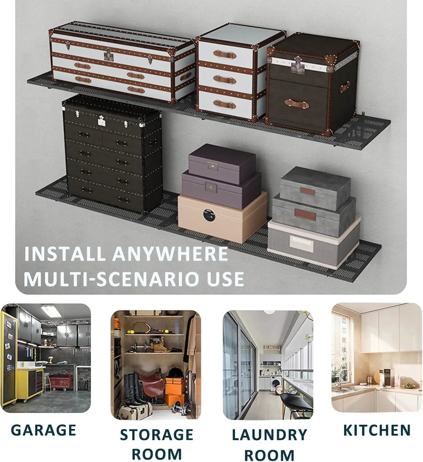New 1 Pack Garage Wall Shelving, Heavy Duty 1.5' x 3.8' Wall Mount Storage Shelf with Hooks, Garage Storage Rack Floating Shelves, Holds 250 lbs Each by GreenHaven Gardens