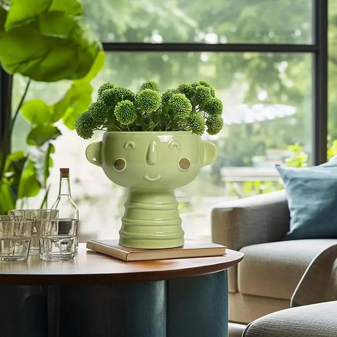 Face Planter Pots Head - 7 Inch Ceramic Succulent Plant Pots with Drainage Hole, Cute Head Planters for Indoor Outdoor Plants, Room Desk Office Decor, Plant Lover Gifts, Green by GreenHaven Gardens