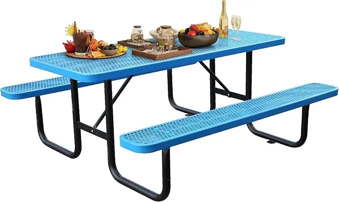 6FT Metal Picnic Tables for Outdoors, Commercial Rectangular Picnic Table and Bench Set for Outside, Patio, Garden, Backyard, Porch, Surface Mount, Blue by GreenHaven Gardens