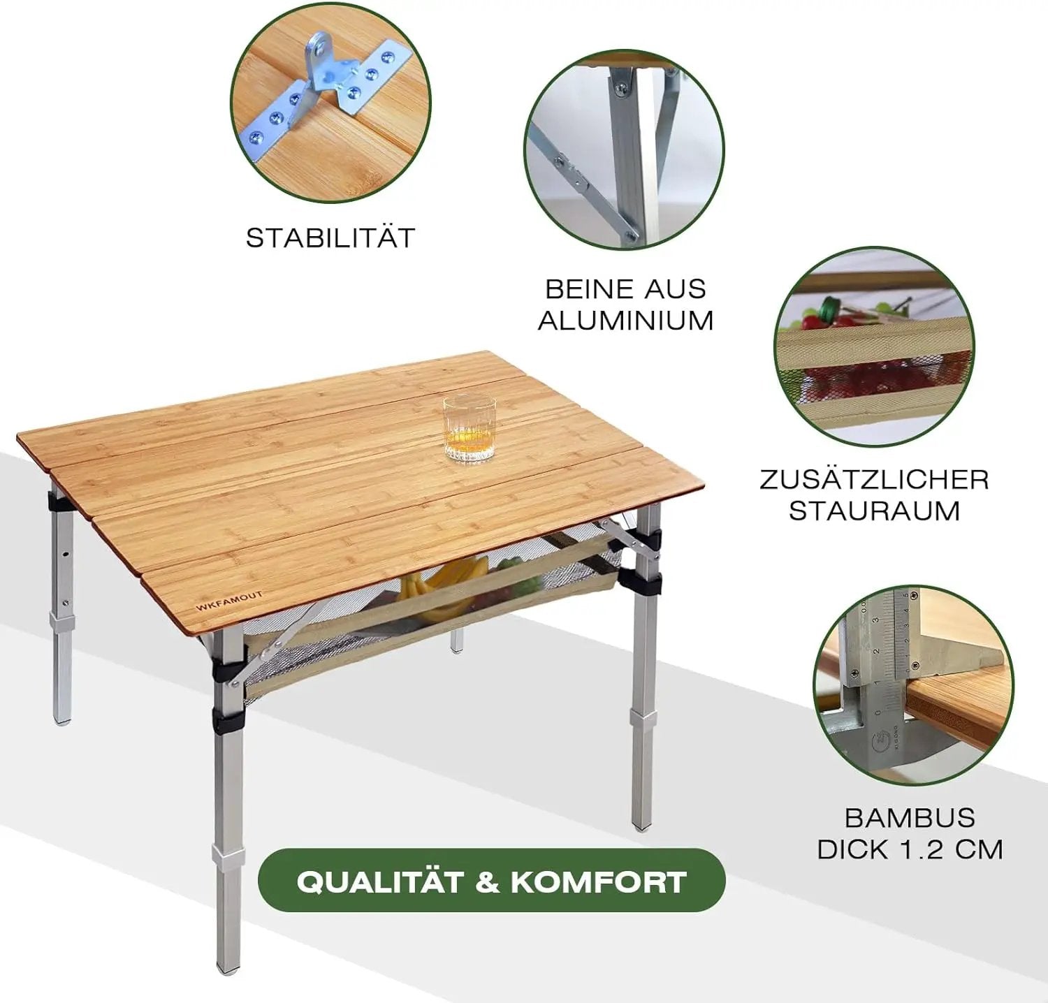 Bamboo Folding Camping Table 4 Folds with Adjustable Aluminum Legs Portable Picnic Table with Storage and Carry Bag for Outdoor Hiking Beach 3-5 Person by GreenHaven Gardens