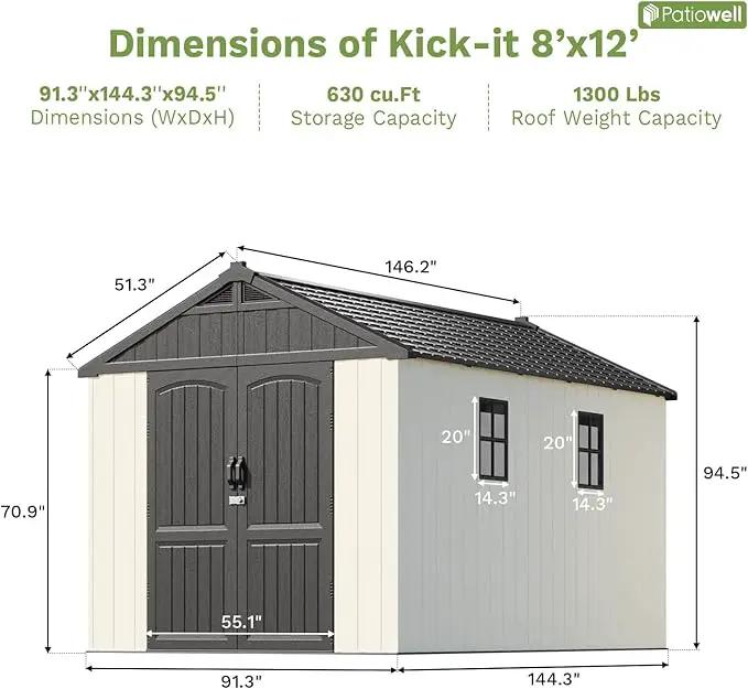 Patiowell 8 x 12 FT Resin Outdoor Storage Shed with Floor, Large Shed with Light and Lockable Door for Garden, Backyard, Tool Storage Use, Easy to Install in Beige (Kick-it Shed) by GreenHaven Gardens
