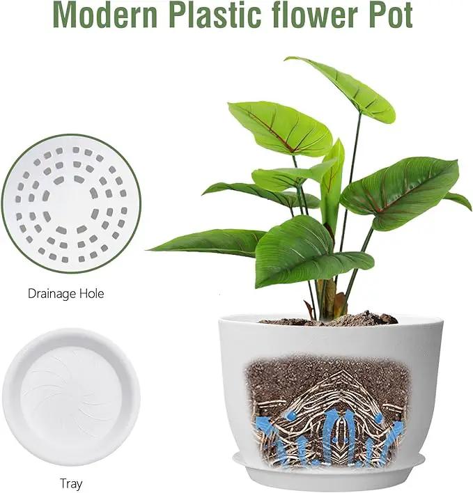 12 inch Large Plant Pots, Plastic Planters with Drainage Holes and Saucers, Flower Pots for Indoor Outdoor Plants, Modern Decorative Pots for Garden House Plants, White by GreenHaven Gardens