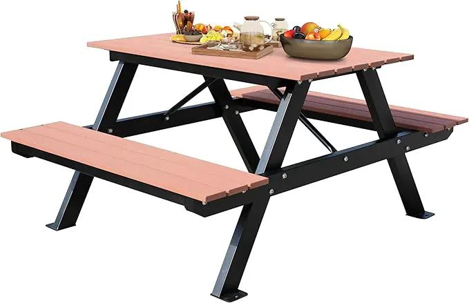 4FT Outdoor Picnic Table and Bench Set with 2" Umbrella Hole, WPC Tabletop Seattop Patio Dining Set for 4 People, Outdoor Dining Table and Chair for Park Garden Yard Patio- Brown by GreenHaven Gardens