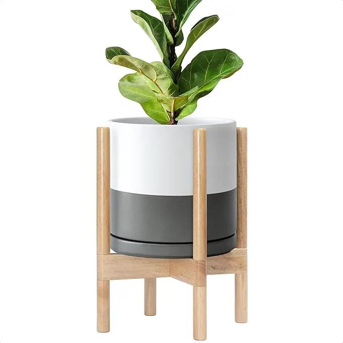 D'vine Dev Ceramic Planter with Natural Stand - 10 Inch Modern Round Flower Pot with Wood Planter Holder, White/Grey, 55-B-K-6 by GreenHaven Gardens