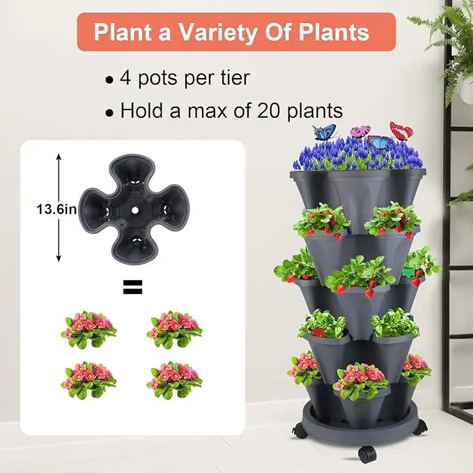 Vertical Planter, 5 Tier Stackable Strawberry Planter with Garden Tool Set, Movable Indoor/Outdoor Garden Herb Pot for Growing Vegetables and Succulents, Dark Gray by GreenHaven Gardens