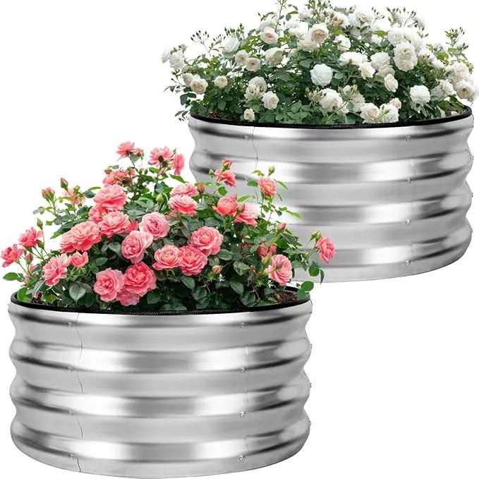 Galvanized Raised Garden Bed- 2Pcs 2x2x1FT Metal Planter Boxes Outdoor | Round Steel Raised Bed Kit & Fire Pit Ring for Gardening with Protective Tape, Gloves for Vegetables, Flower (Sliver) by GreenHaven Gardens