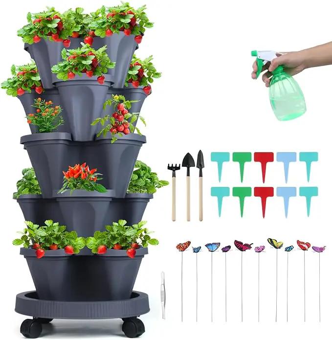 Vertical Planter, 5 Tier Stackable Strawberry Planter with Garden Tool Set, Movable Indoor/Outdoor Garden Herb Pot for Growing Vegetables and Succulents, Dark Gray by GreenHaven Gardens